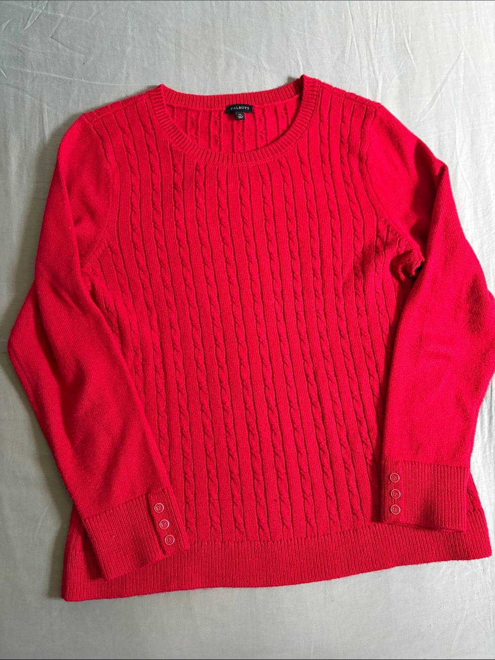 Talbots Red Cable Crewneck Sweater with Button Cuffs